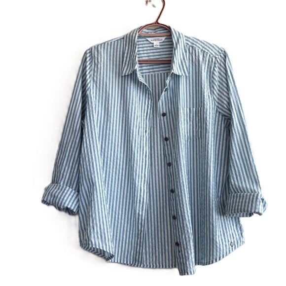 Ladies Button Up Shirt - Blue/White/Silver Stripes -  Size L petite - Cotton - Picture 4 of 11